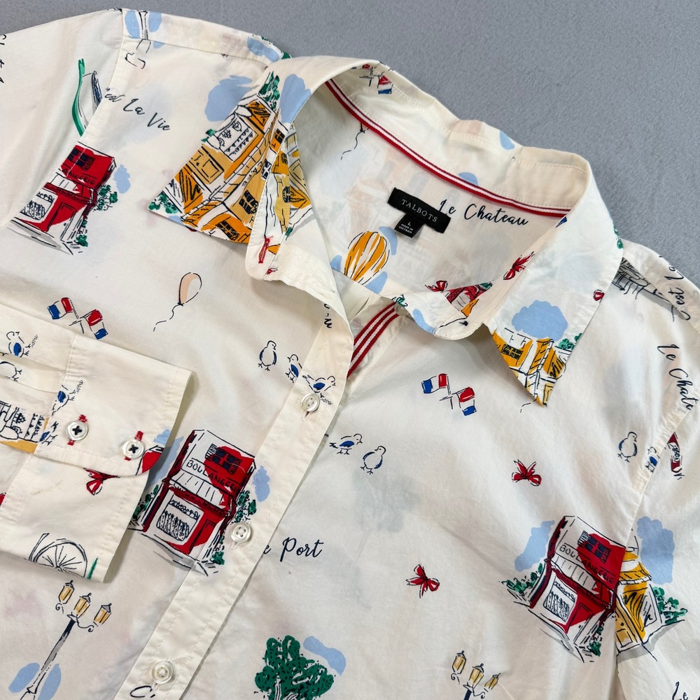 Talbots Womens White Button Down Sz L French Novelty C'est La Vie Whimsical - Picture 11 of 13